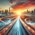 A dynamic, futuristic highway stretching into a cityscape at sunset, symbolizing transformation and progress